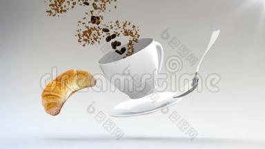 3CGI镜头飞行牛角面包，勺子，盘子和咖啡杯。 杯子里装满了烤咖啡豆